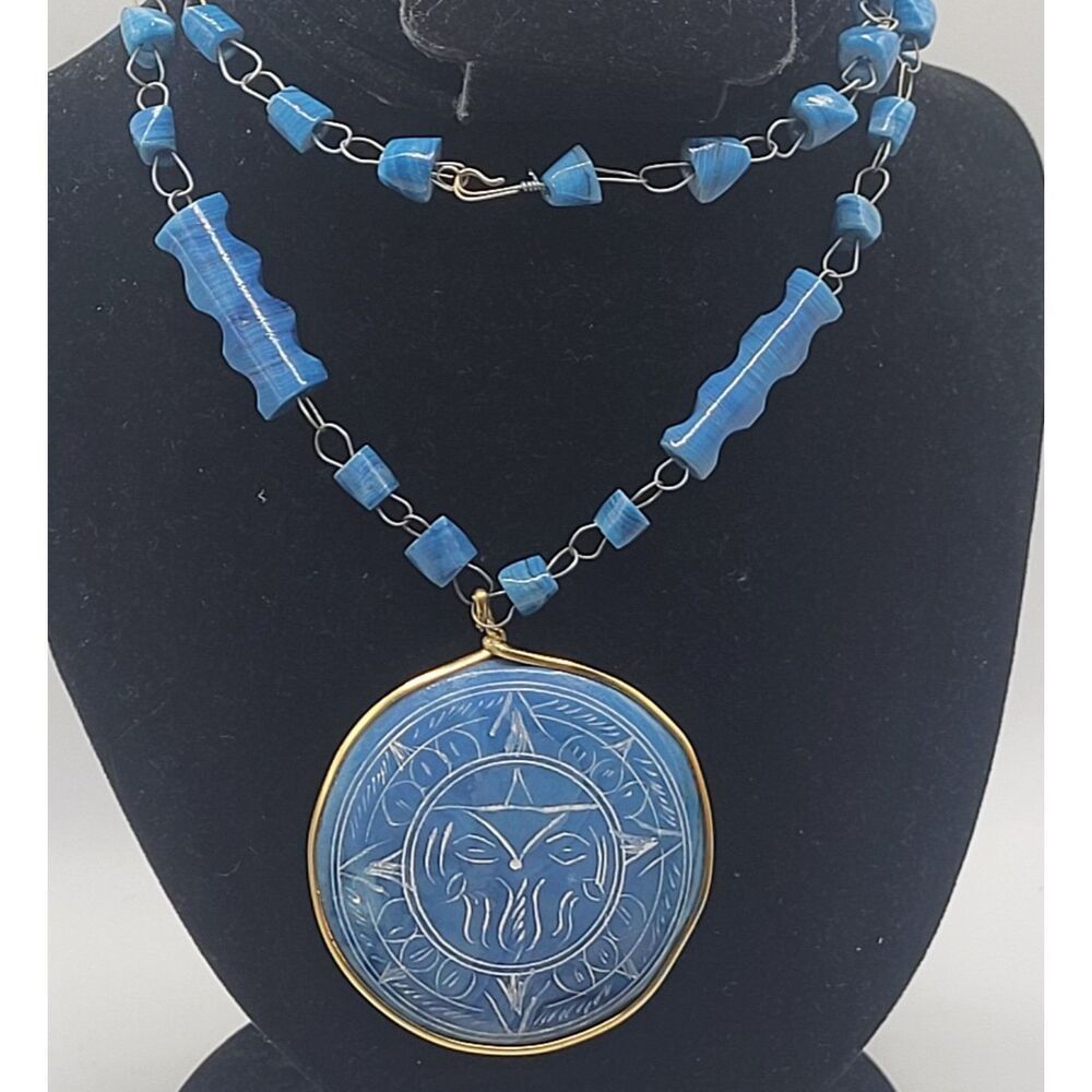 Vintage Carved Blue Striated Mexican Agate Sundial Pendant 26in